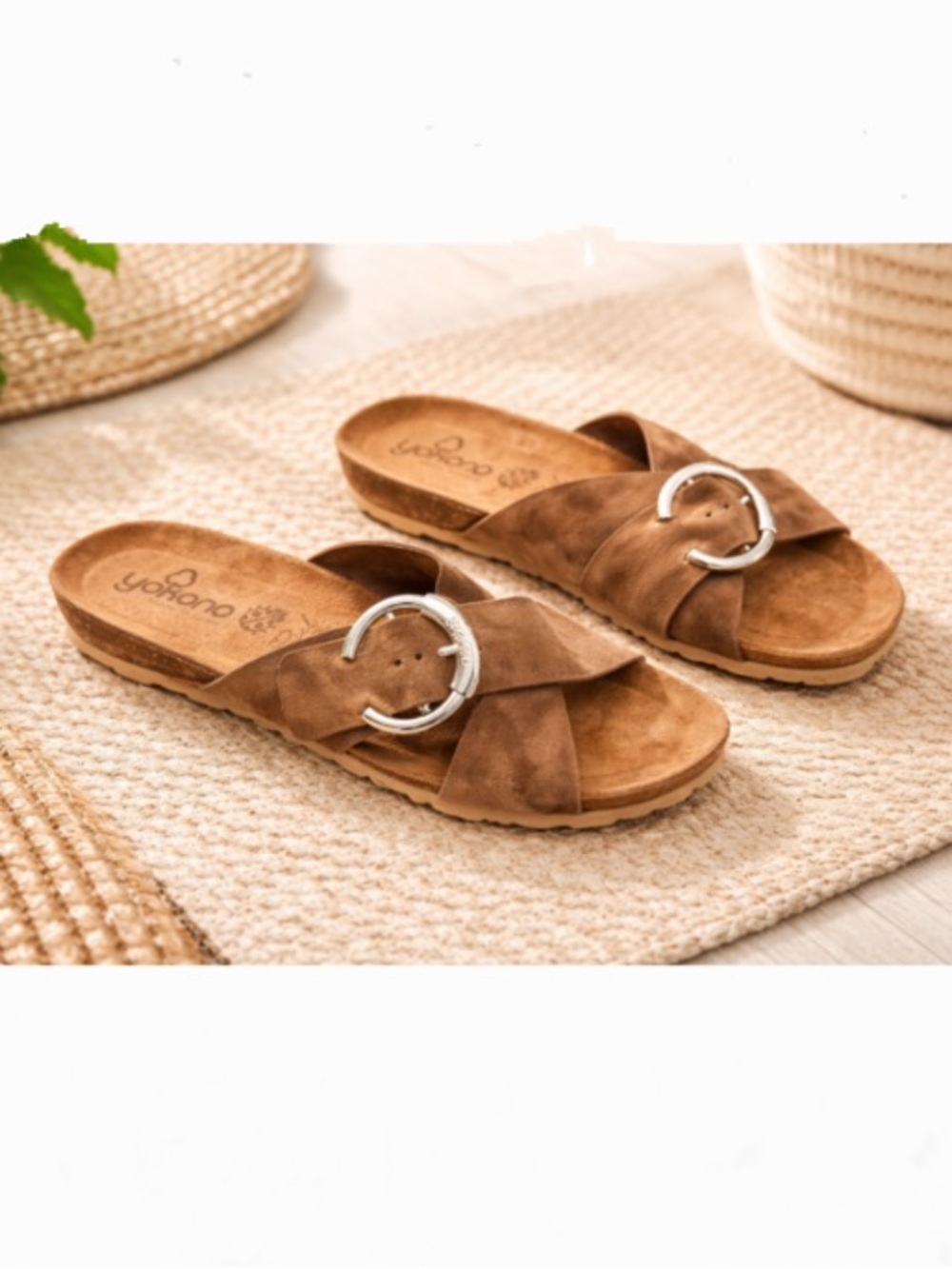 Yokono Brown Suede Slide Sandals with Silver Buckle